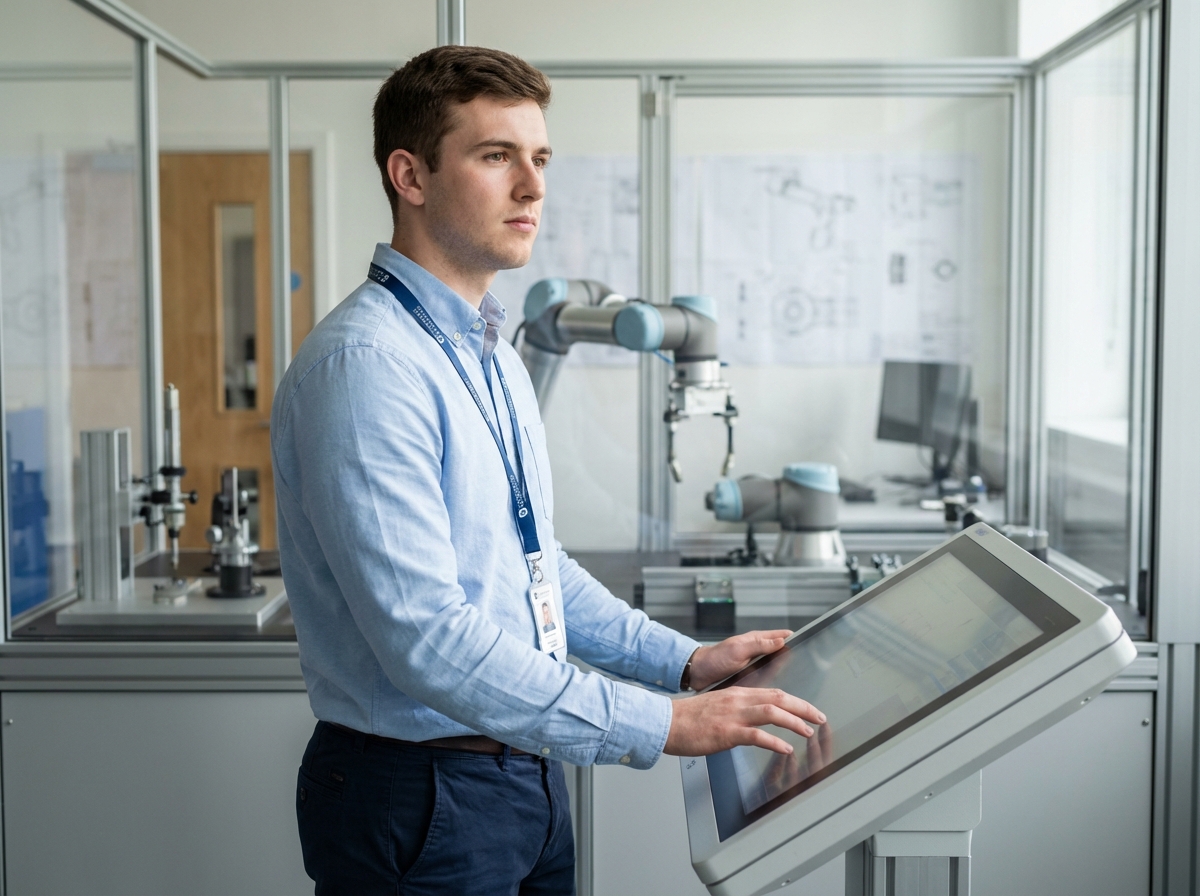 Jeune étudiant en ingénierie programment un panneau numérique