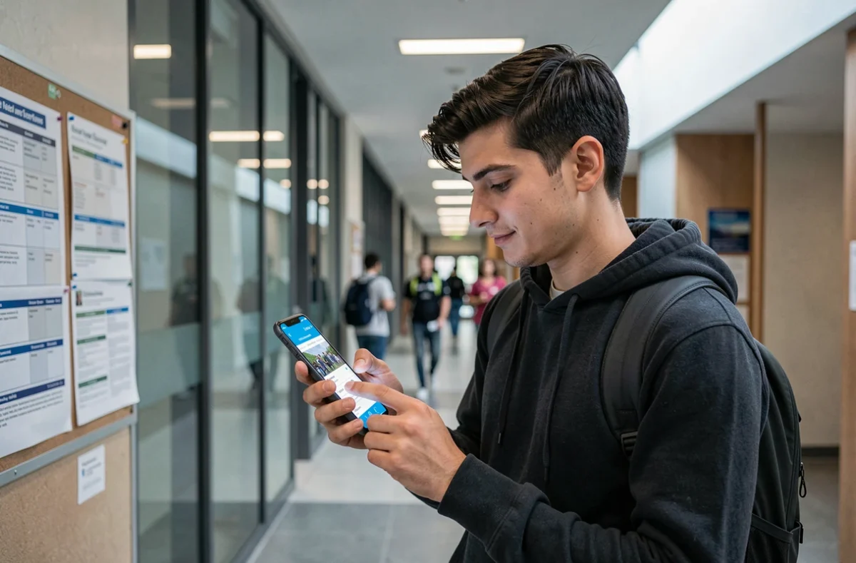 Étudiant en master consultant l'ENT universitaire du Mans sur son smartphone dans un couloir du campus