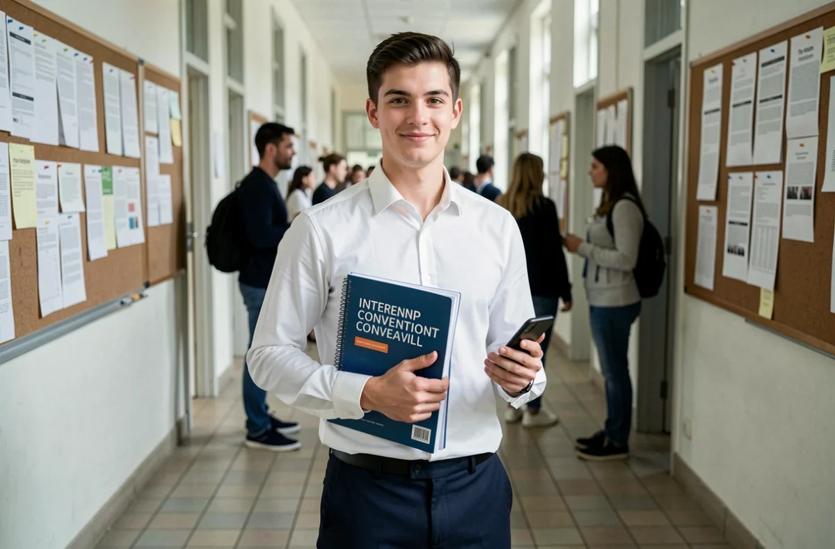 Étudiant en fin de master tenant une convention de stage dans un couloir universitaire