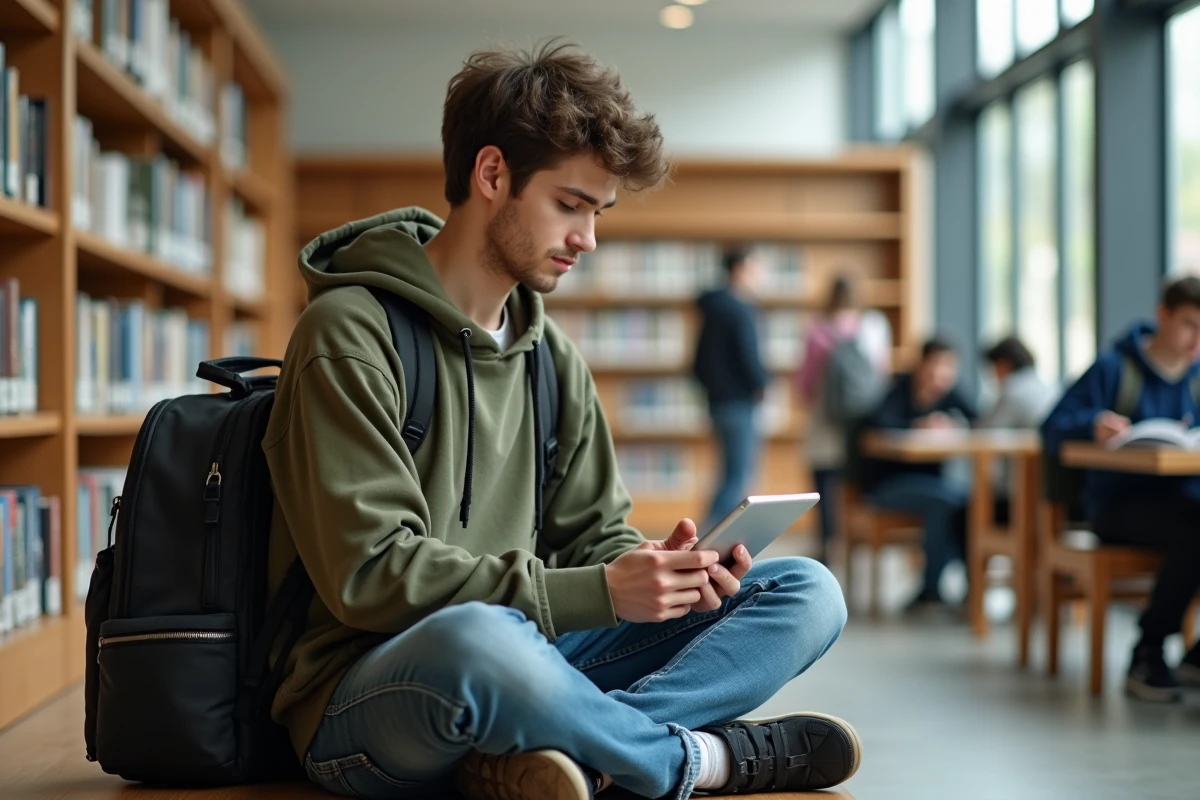 Étudiant consultant sa messagerie académique Mail AC Strasbourg sur une tablette dans une bibliothèque universitaire moderne