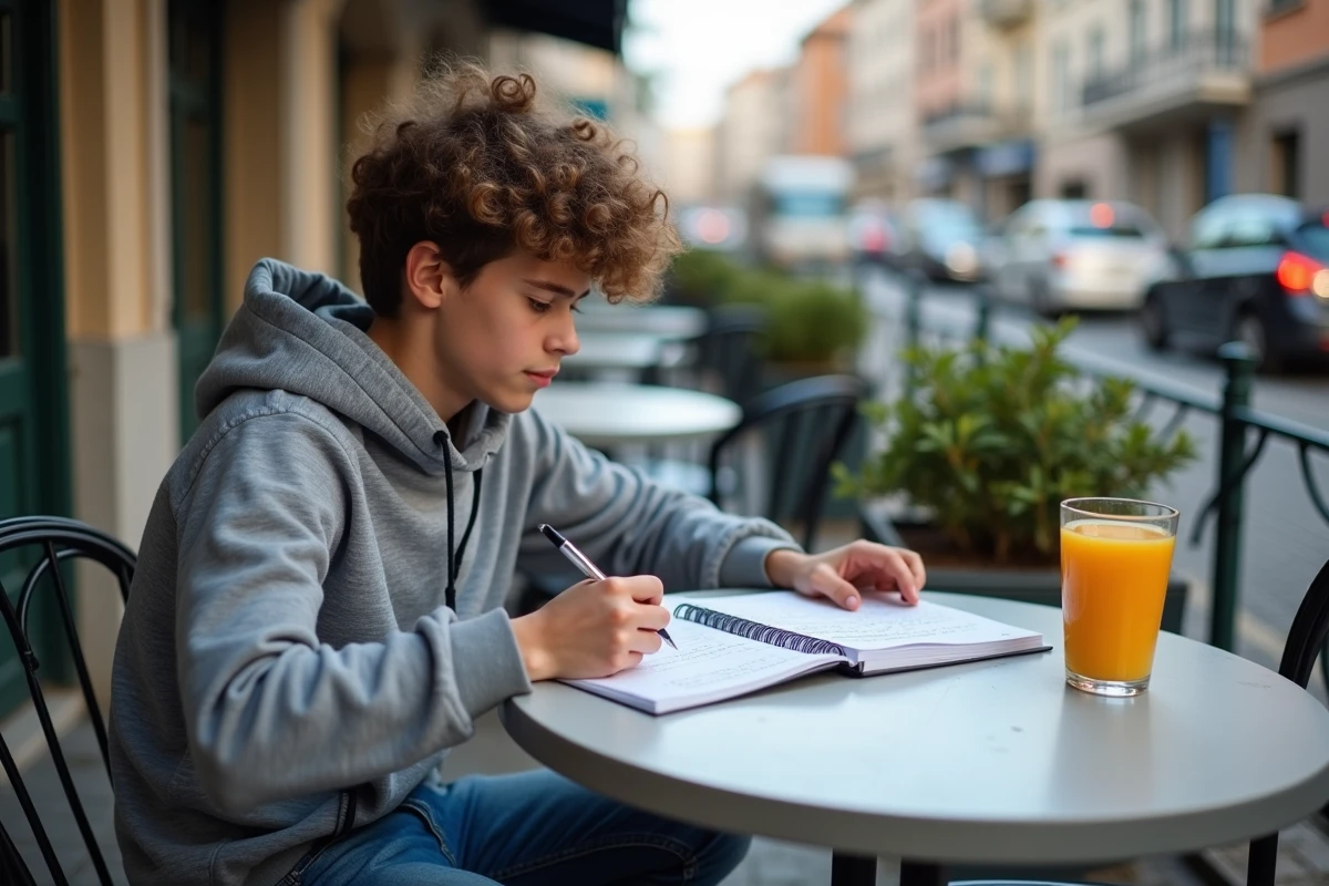 Adolescent révisant les conjugaisons du verbe SER en espagnol dans un carnet sur une terrasse de café urbain