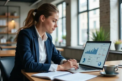 Étudiante en alternance marketing digital analysant des données sur un ordinateur portable dans un espace de coworking parisien moderne
