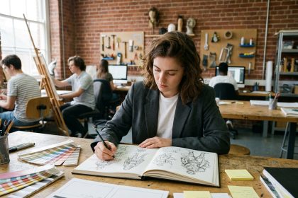 Étudiante en année préparatoire entertainment travaillant sur des concepts créatifs dans un atelier d'école d'art