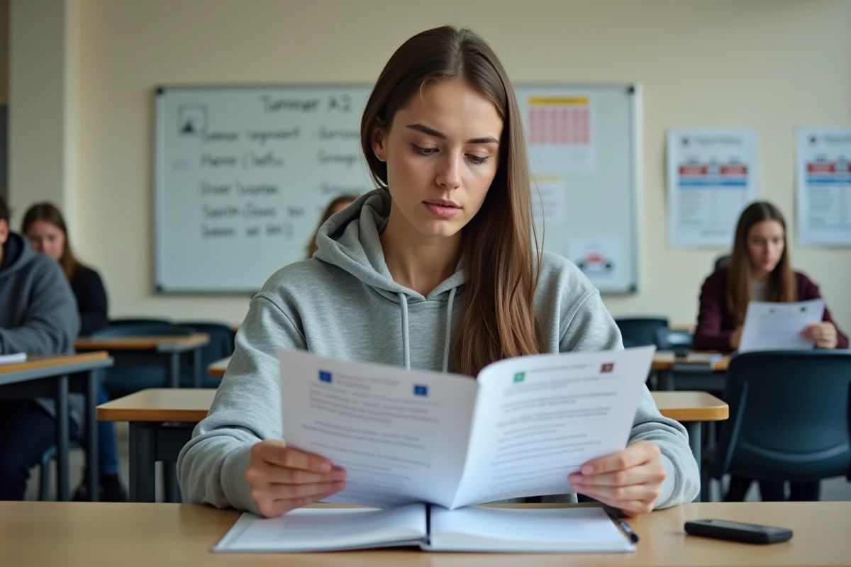 Jeune femme étudiant le code moto pour le permis A2 dans une salle de cours d'auto-école