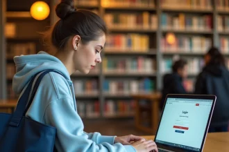Étudiante connectée au portail de l'université d'Angers sur son ordinateur portable en bibliothèque