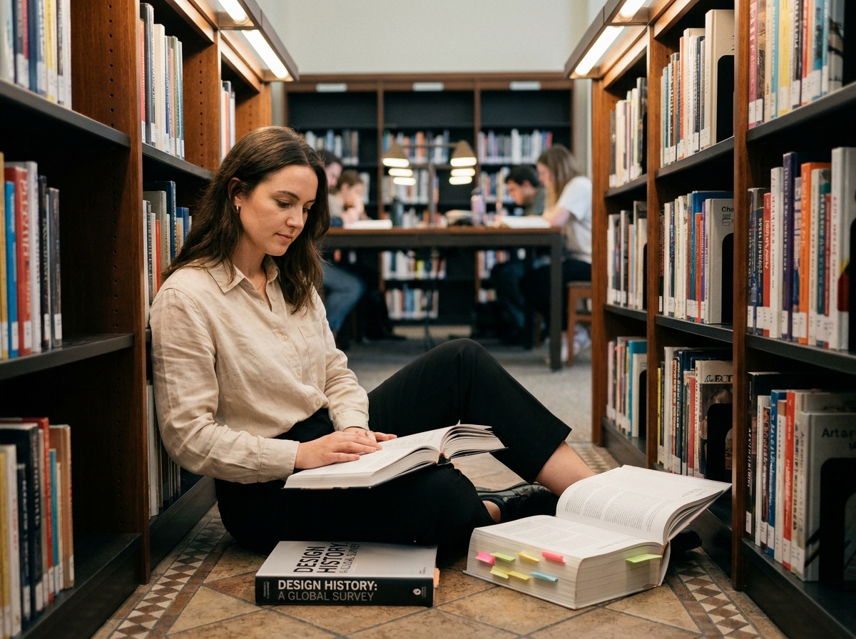 Femme autodidacte en design lisant un livre d'histoire du design assise par terre dans une bibliothèque universitaire