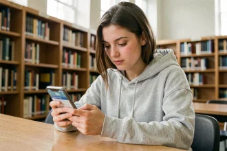 Étudiante utilisant l'application ENT Auvergne sur smartphone dans une bibliothèque universitaire