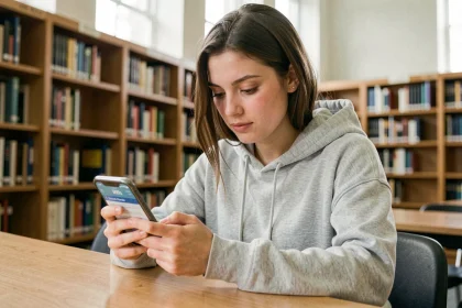 Étudiante utilisant l'application ENT Auvergne sur smartphone dans une bibliothèque universitaire