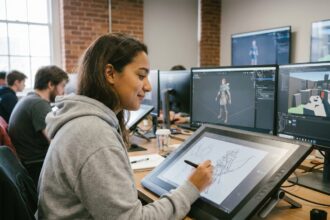 Étudiante en game design travaillant sur une tablette graphique dans un studio créatif d'école spécialisée