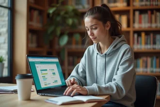 Étudiante consultant son emploi du temps sur HYPERPLANNING dans une bibliothèque universitaire moderne