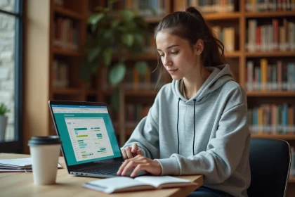 Étudiante consultant son emploi du temps sur HYPERPLANNING dans une bibliothèque universitaire moderne
