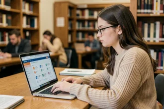 Étudiante en master utilisant l'ENT de l'Université du Mans sur un ordinateur portable dans une bibliothèque universitaire