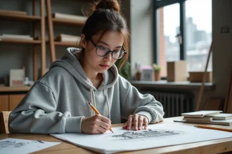 Étudiante en art concentrée sur un dessin de perspective dans un atelier de prépa artistique avec matériel de dessin sur table en bois