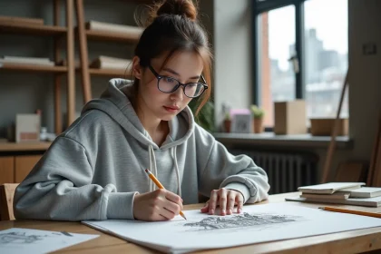 Étudiante en art concentrée sur un dessin de perspective dans un atelier de prépa artistique avec matériel de dessin sur table en bois