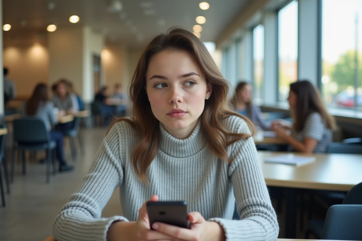 Étudiante consultant son smartphone face à un problème de connexion sur l'ENT de l'université Artois