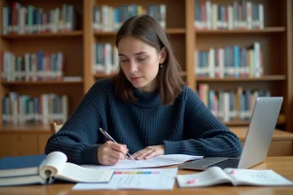 Étudiante de PSB révisant avec une feuille de route et des notes de cours avant les partiels à la bibliothèque universitaire