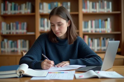 Étudiante de PSB révisant avec une feuille de route et des notes de cours avant les partiels à la bibliothèque universitaire