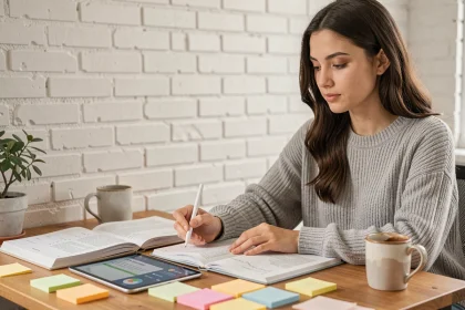 Étudiante en comptabilité planifiant ses révisions sur une application tablette à son bureau à domicile