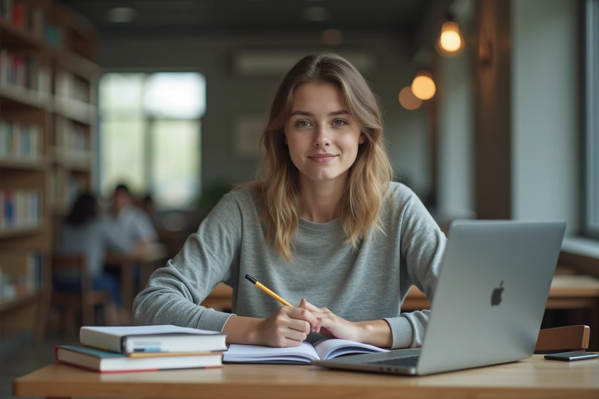 Jeune femme étudiante concentrée sur son ordinateur dans une bibliothèque