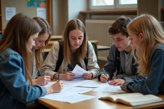 Groupe de lycéens français en étude dans une bibliothèque