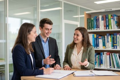 Groupe d'étudiants français en discussion dans un espace moderne