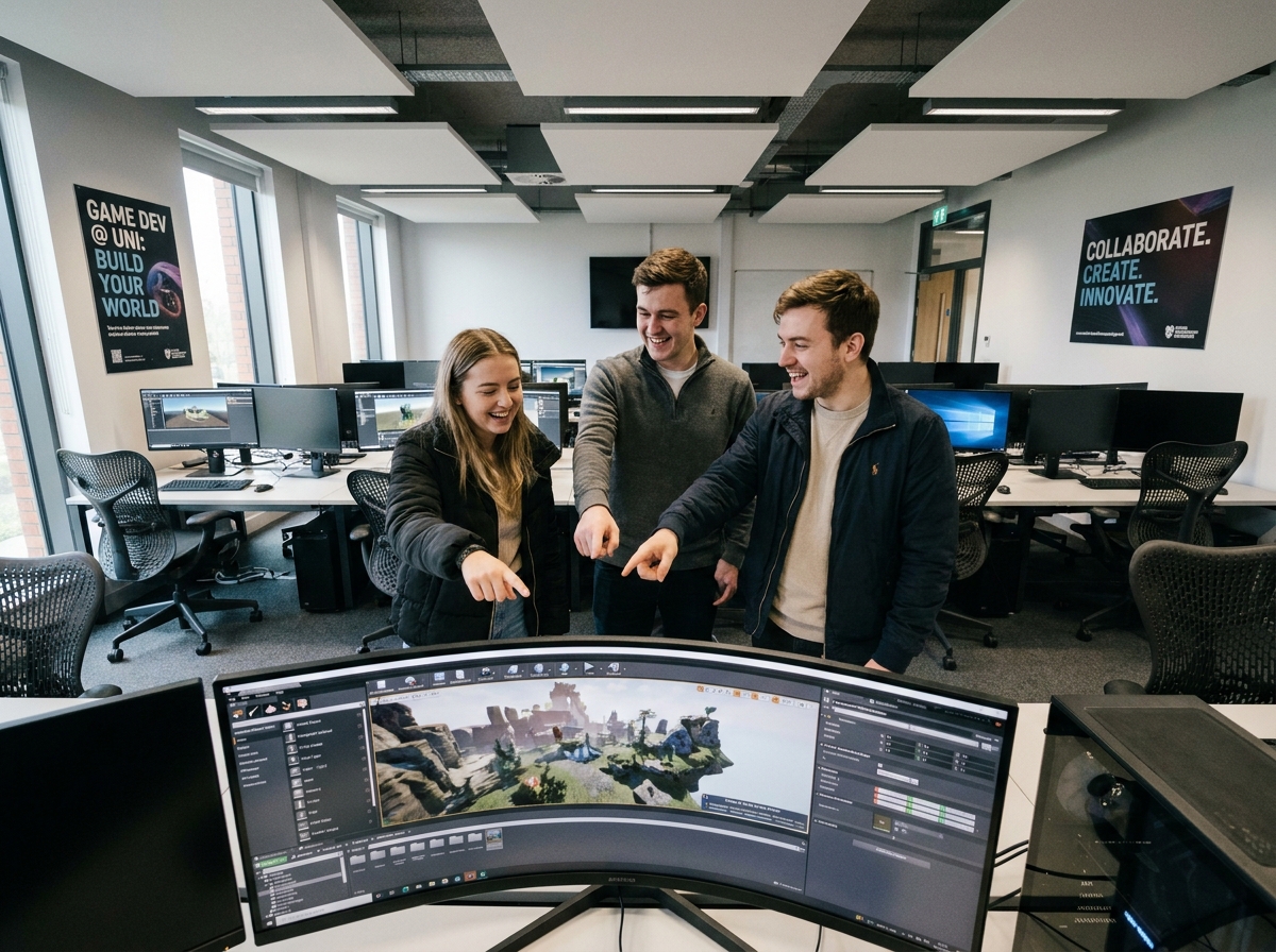Groupe d'étudiants en école de game design collaborant sur un projet de jeu vidéo 3D en laboratoire informatique