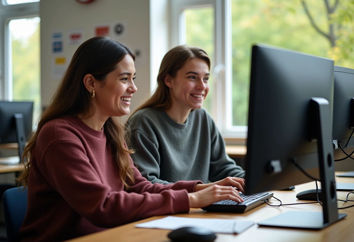 Deux jeunes étudiants collaborant sur ordinateur dans une salle