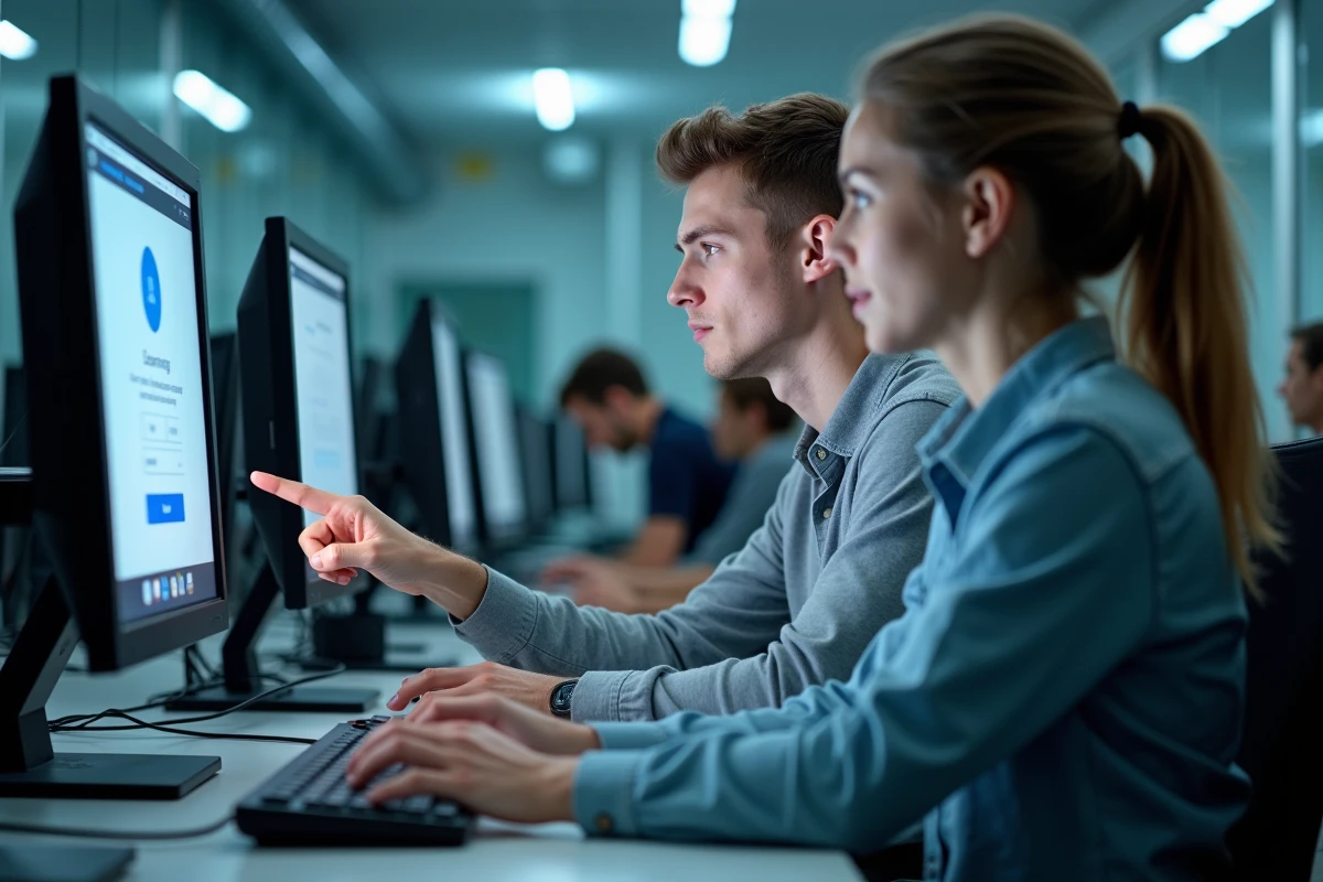 Deux étudiants configurant ensemble leurs accès ENT et wifi campus sur un ordinateur en salle informatique universitaire