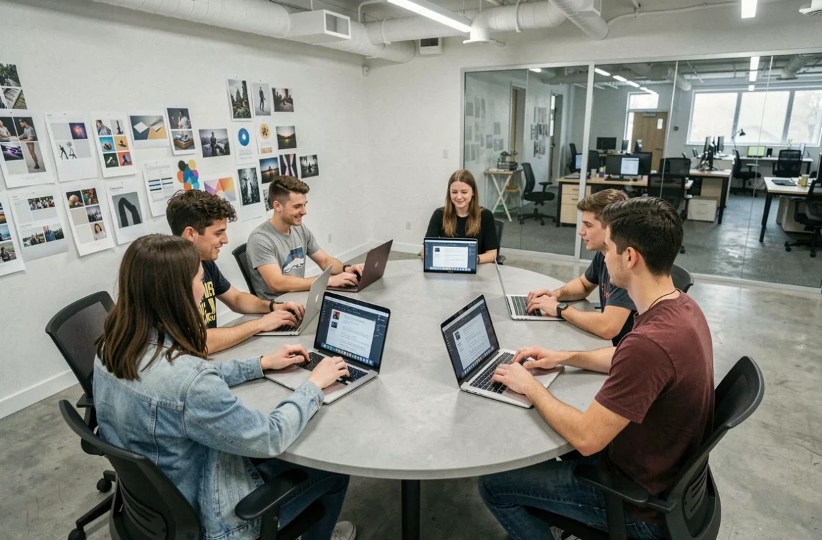 Étudiants en design graphique travaillant ensemble sur des fichiers partagés dans un studio de création collaboratif