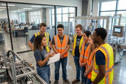 Groupe d'étudiants en industrie dans un laboratoire moderne