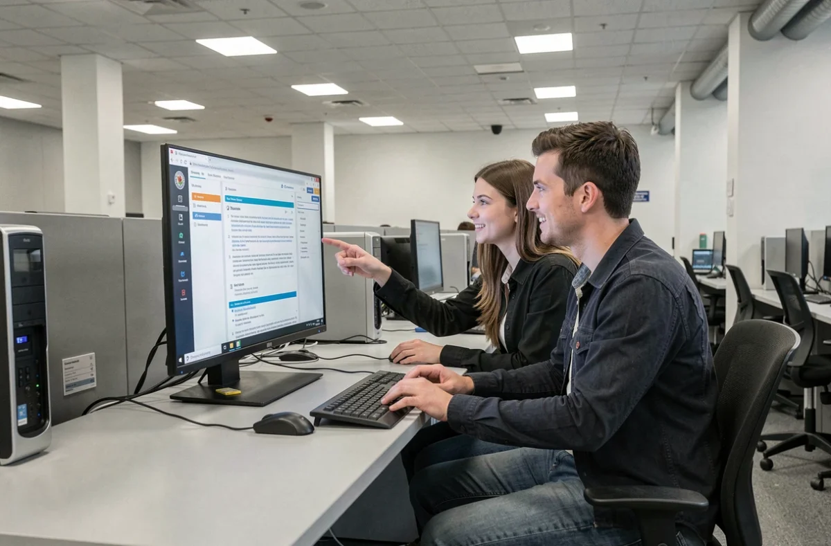 Deux étudiants en master travaillant ensemble sur l'ENT de l'Université du Mans dans une salle informatique universitaire