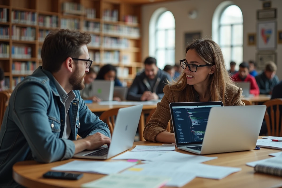 Deux étudiants adultes collaborant sur leur master en informatique en bibliothèque universitaire avec ordinateurs et cours imprimés