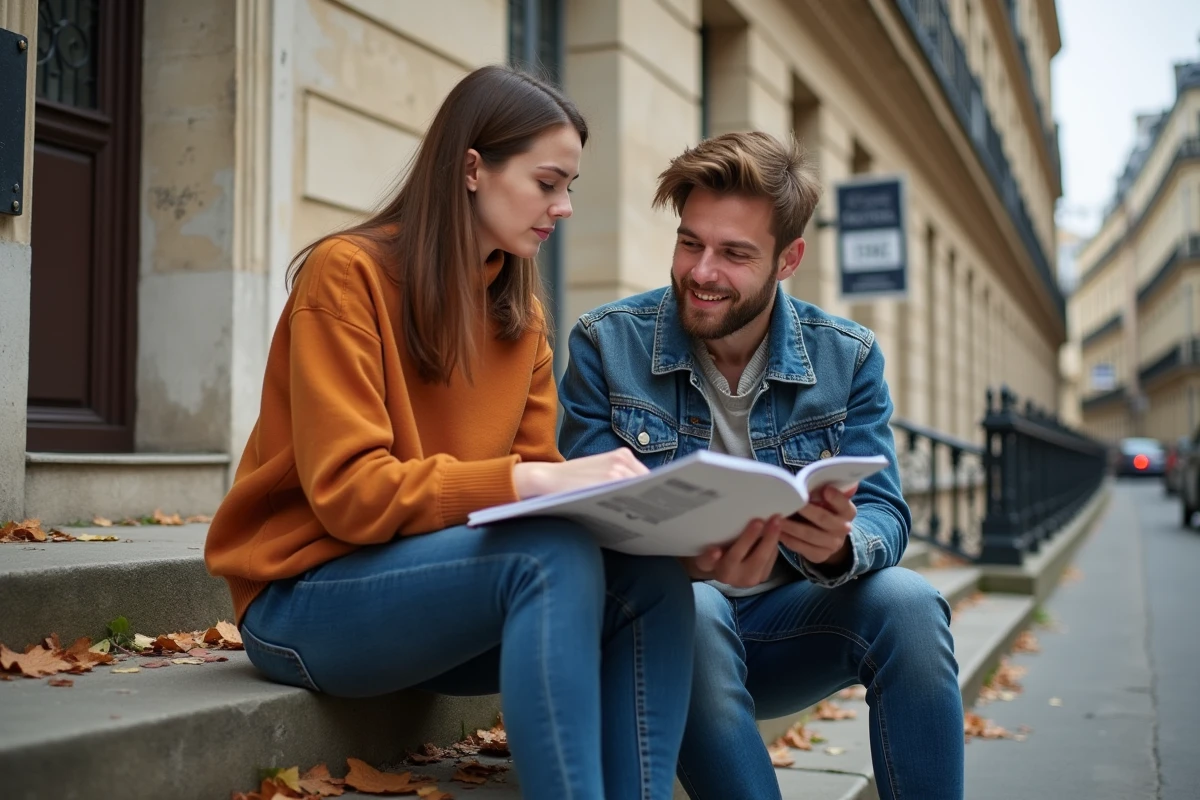 Deux étudiants en art consultant un portfolio imprimé sur les marches d'une école parisienne aux façades haussmanniennes en automne