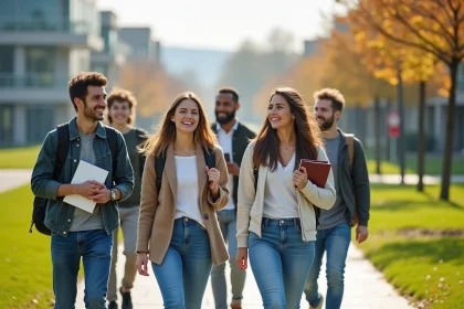 Groupe d'étudiants de première année universitaire en promenade