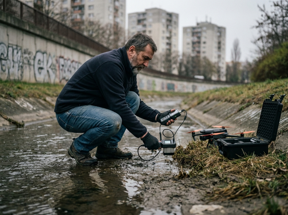 Expert en géomatique effectuant une collecte de données environnementales avec capteur multispectral en milieu urbain près d'un cours d'eau