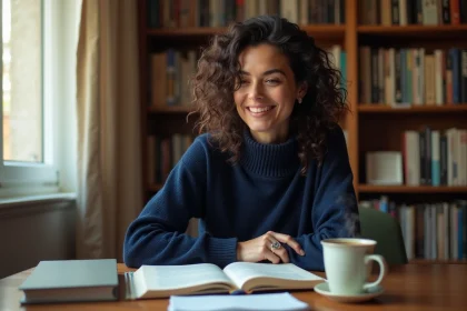Femme adulte apprenant le français avec des manuels et des notes manuscrites sur un bureau en bois dans un bureau à domicile