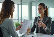 Femme d'affaires tenant un formulaire de formation dans un bureau lumineux