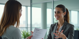 Femme d'affaires tenant un formulaire de formation dans un bureau lumineux