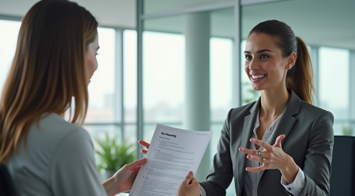 Femme d'affaires tenant un formulaire de formation dans un bureau lumineux