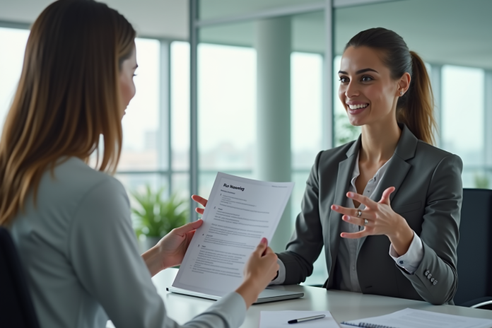 Femme d'affaires tenant un formulaire de formation dans un bureau lumineux