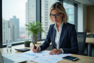 Femme d'affaires en revue de rapports financiers dans un bureau