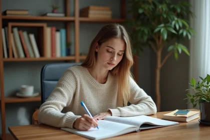 Jeune femme étudie le français à la maison