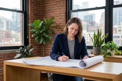 Femme en bureau moderne examinant des plans architecturaux