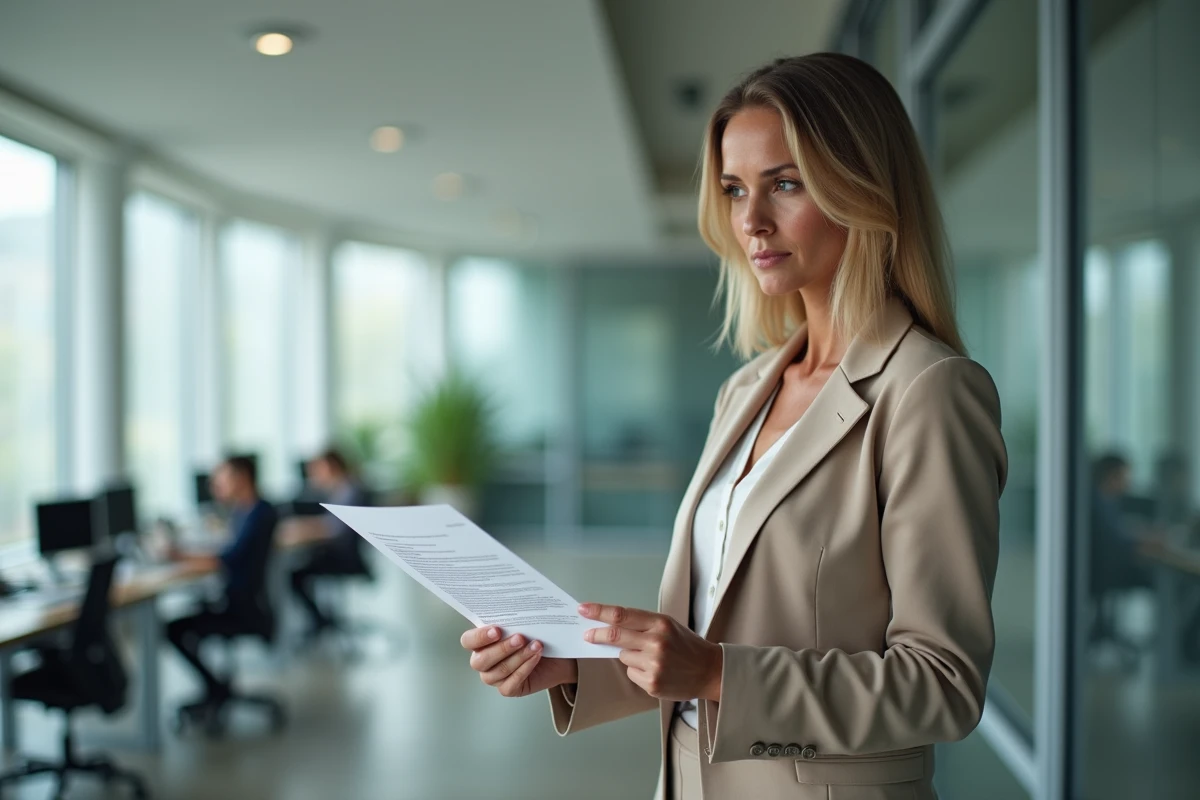 Femme en blazer relisant sa lettre de motivation imprimée dans un bureau moderne