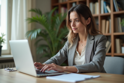Femme au bureau à domicile utilisant un ordinateur portable