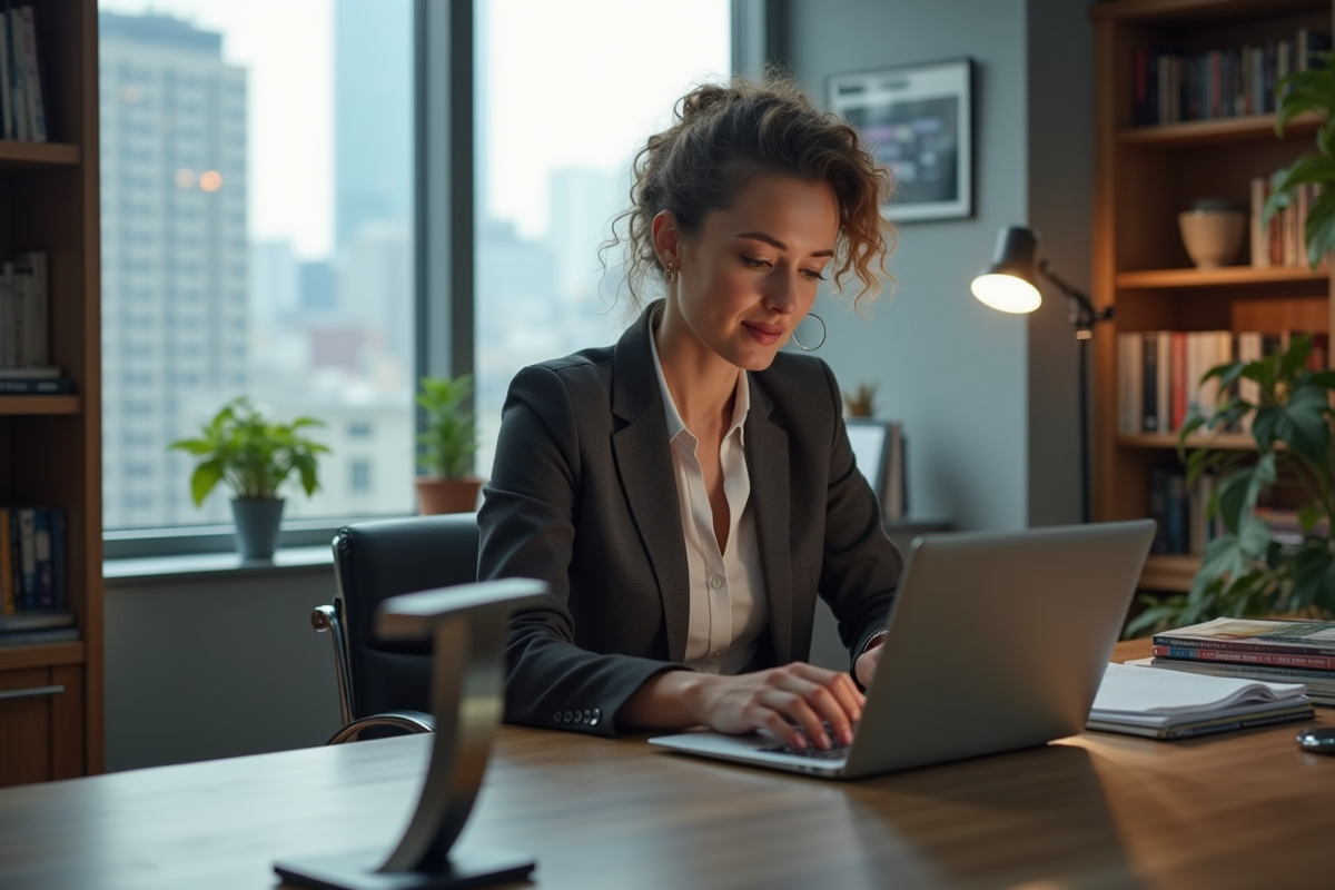 Femme confiante travaillant sur son ordinateur avec sculpture tshaped