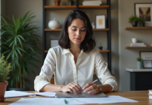 Femme en bureau à domicile utilisant un ordinateur portable