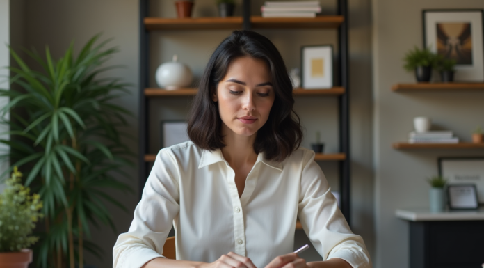 Femme en bureau à domicile utilisant un ordinateur portable