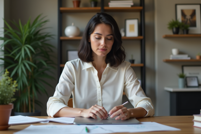 femme-bureau-maison-laptop Femme en bureau à domicile utilisant un ordinateur portable
