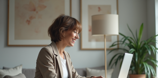 Femme de 42 ans au bureau moderne souriante et naturelle